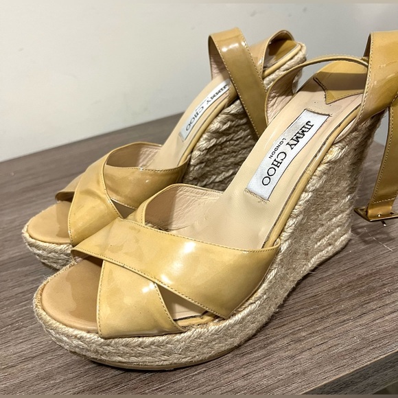 Jimmy Choo Phoenix Espadrille Wedges Patent Leather Nude Size 10 - Picture 7 of 12